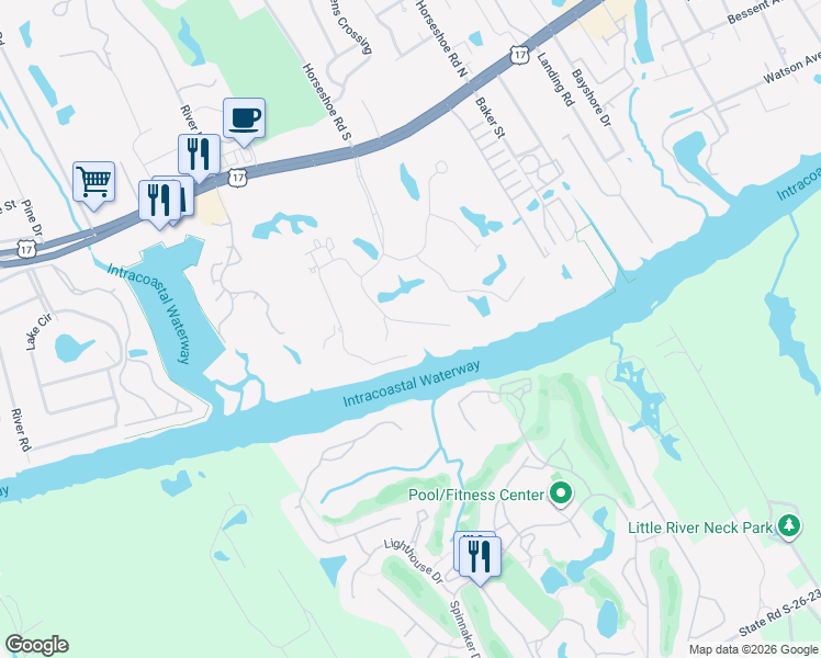 map of restaurants, bars, coffee shops, grocery stores, and more near 4413 Eastport Boulevard in Little River