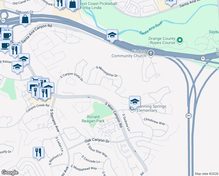 map of restaurants, bars, coffee shops, grocery stores, and more near 8627 E Canyon Vista Dr in Anaheim