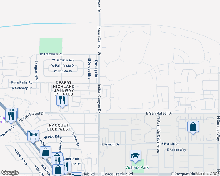 map of restaurants, bars, coffee shops, grocery stores, and more near 312 Breeze Loop in Palm Springs