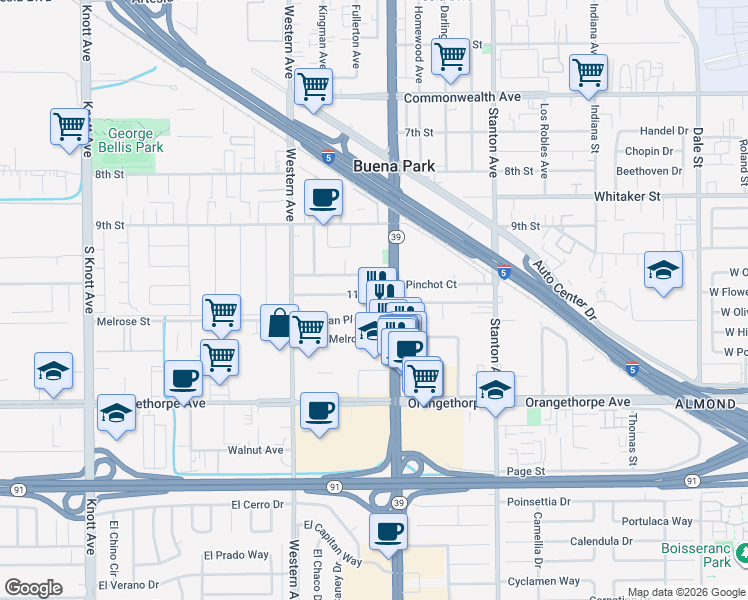 map of restaurants, bars, coffee shops, grocery stores, and more near 7712 11th Street in Buena Park