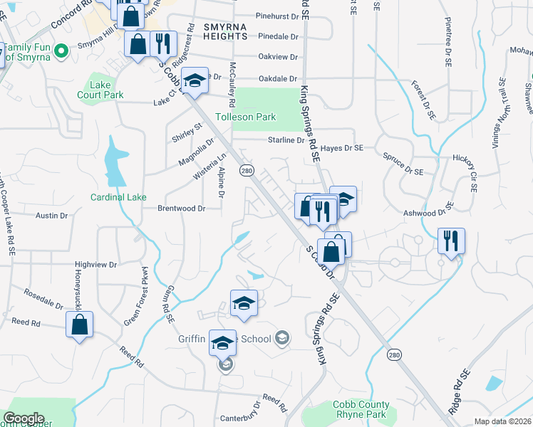 map of restaurants, bars, coffee shops, grocery stores, and more near 3740 Walton Way Southeast in Smyrna