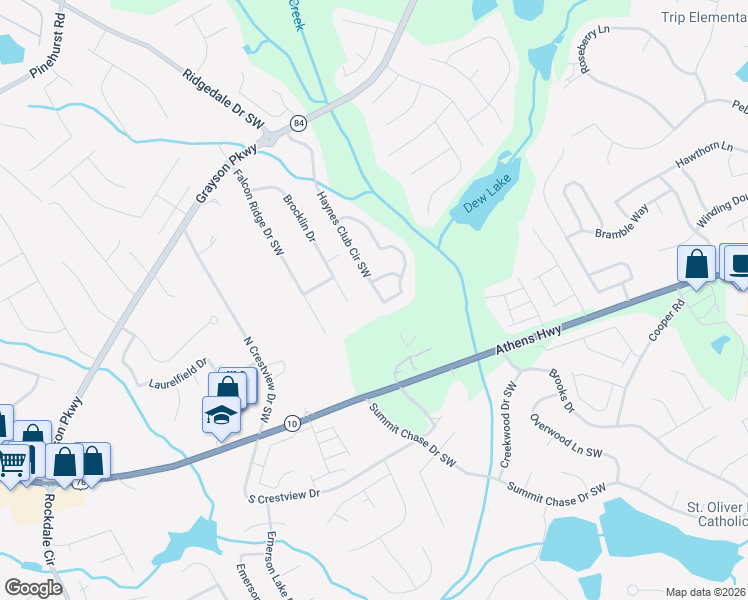 map of restaurants, bars, coffee shops, grocery stores, and more near 2805 Haynes Club Circle Southwest in Grayson