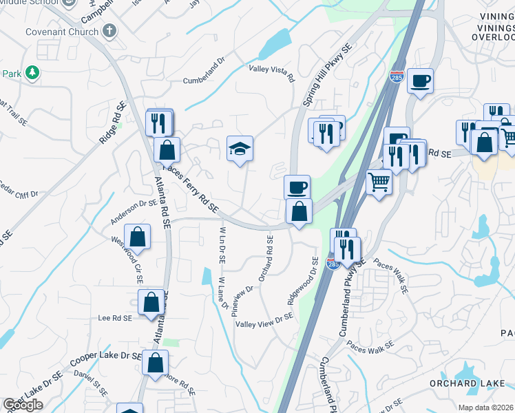 map of restaurants, bars, coffee shops, grocery stores, and more near 3509 Estates Lane Southeast in Smyrna