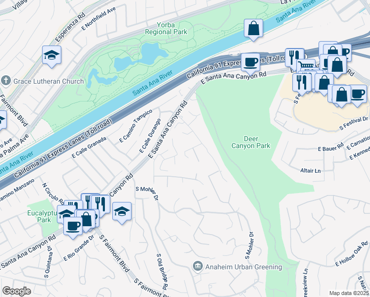 map of restaurants, bars, coffee shops, grocery stores, and more near 7665 East Silver Dollar Lane in Anaheim