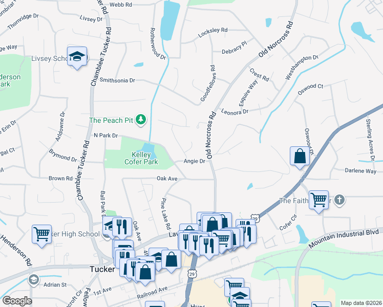map of restaurants, bars, coffee shops, grocery stores, and more near 2611 Velma Burns Court in Tucker