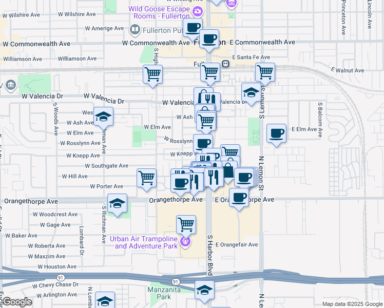 map of restaurants, bars, coffee shops, grocery stores, and more near 540 West Knepp Avenue in Fullerton