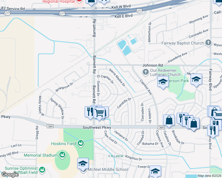 map of restaurants, bars, coffee shops, grocery stores, and more near 4617 Monterrey Drive in Wichita Falls