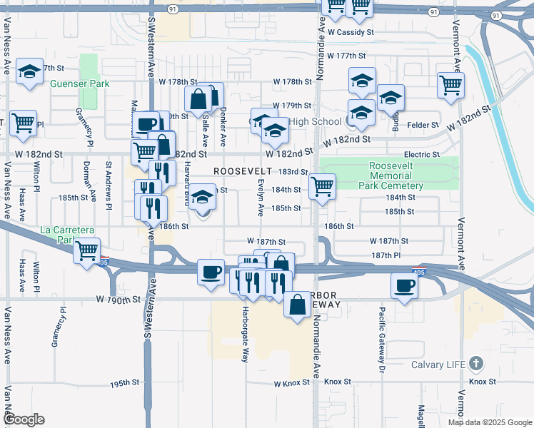 map of restaurants, bars, coffee shops, grocery stores, and more near 1476 185th Street in Gardena