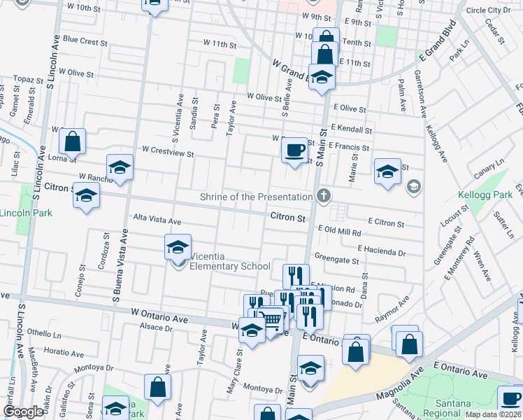 map of restaurants, bars, coffee shops, grocery stores, and more near 1786 South Belle Avenue in Corona