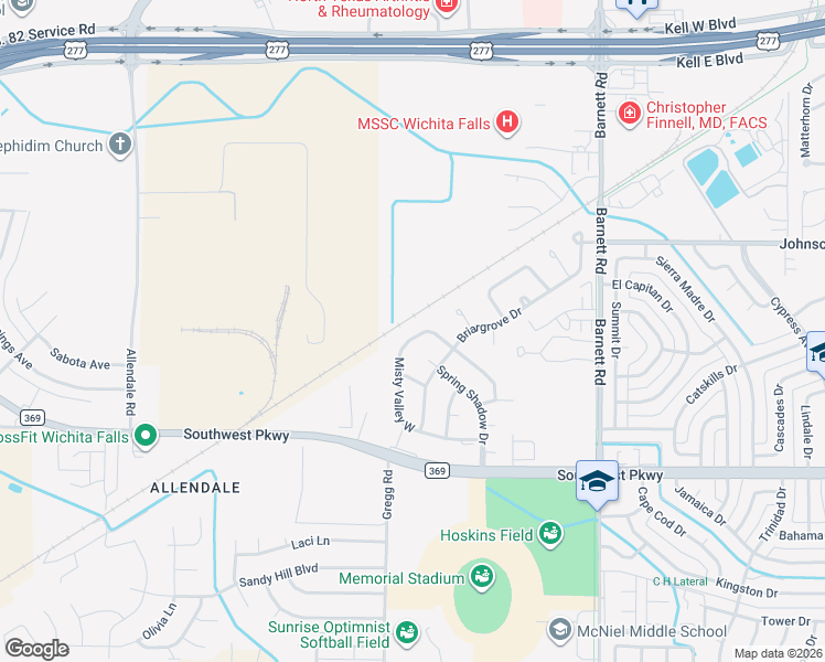 map of restaurants, bars, coffee shops, grocery stores, and more near 4507 Misty Valley West in Wichita Falls