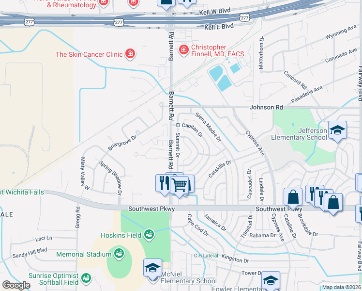 map of restaurants, bars, coffee shops, grocery stores, and more near 4621 Summit Drive in Wichita Falls