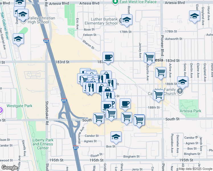 map of restaurants, bars, coffee shops, grocery stores, and more near 18600 Gridley Road in Artesia