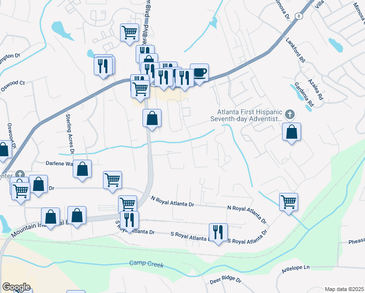 map of restaurants, bars, coffee shops, grocery stores, and more near 4973 Presidents Way in Tucker