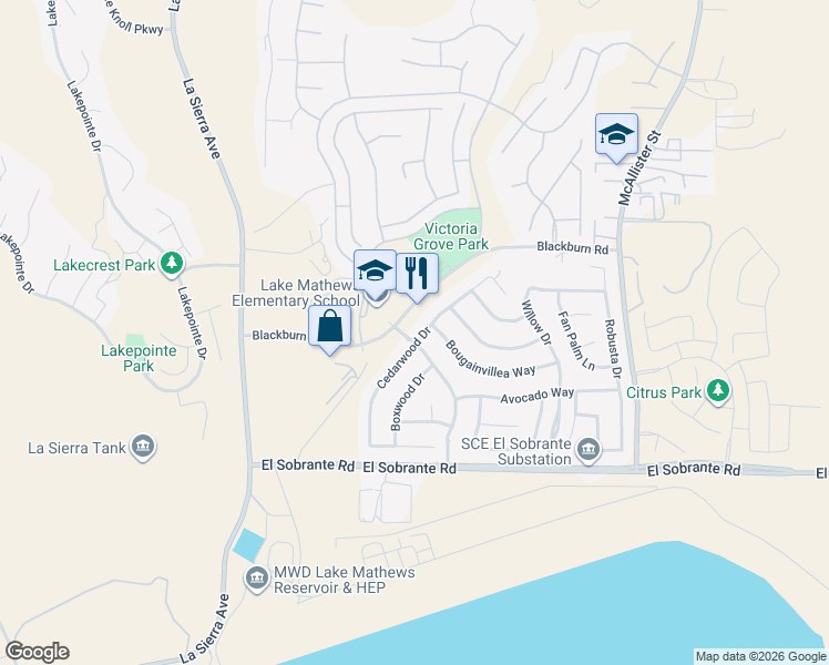 map of restaurants, bars, coffee shops, grocery stores, and more near 17701 Cedarwood Drive in Riverside