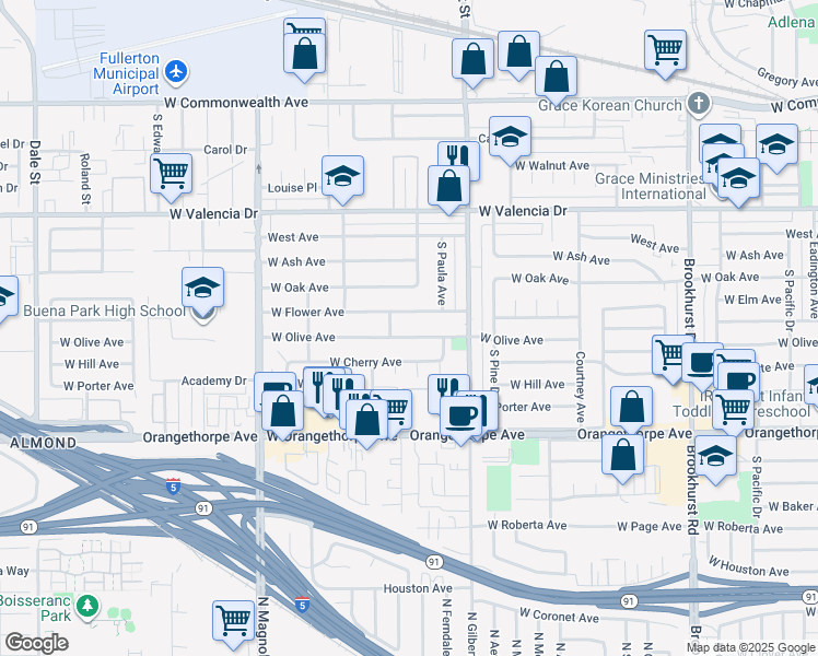 map of restaurants, bars, coffee shops, grocery stores, and more near 2429 West Olive Avenue in Fullerton
