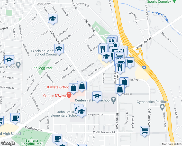 map of restaurants, bars, coffee shops, grocery stores, and more near 1642 Privet Court in Corona