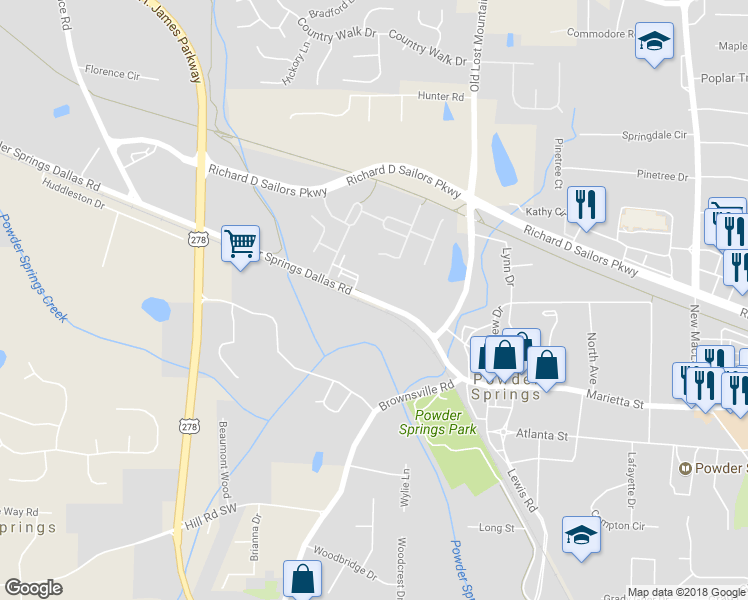 map of restaurants, bars, coffee shops, grocery stores, and more near 4390 Powder Springs Dallas Road in Powder Springs