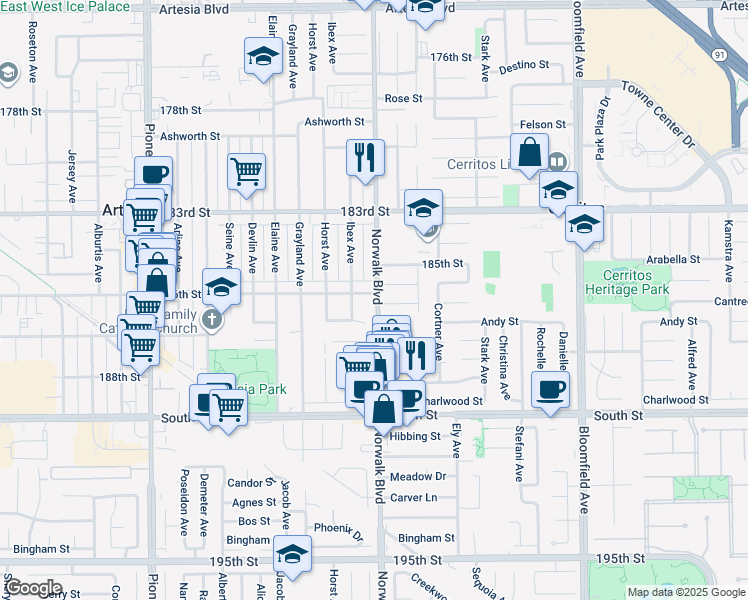 map of restaurants, bars, coffee shops, grocery stores, and more near 12156 186th Street in Artesia