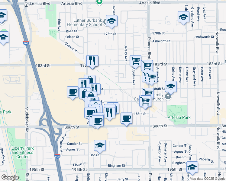 map of restaurants, bars, coffee shops, grocery stores, and more near 11540 186th Street in Artesia