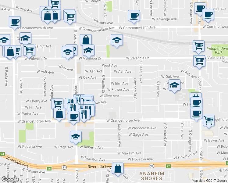map of restaurants, bars, coffee shops, grocery stores, and more near 1520 West Flower Avenue in Fullerton