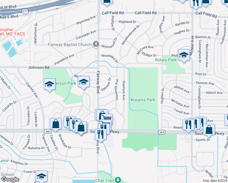 map of restaurants, bars, coffee shops, grocery stores, and more near 4630 University Avenue in Wichita Falls