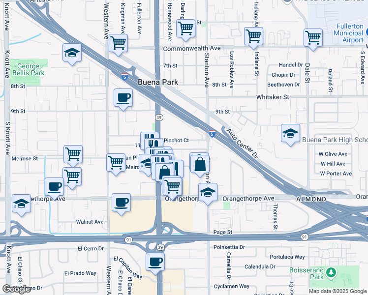map of restaurants, bars, coffee shops, grocery stores, and more near 7871 11th Street in Buena Park