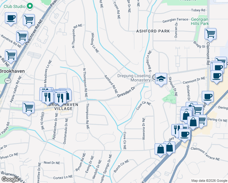 map of restaurants, bars, coffee shops, grocery stores, and more near 2574 Ashford Road Northeast in Atlanta