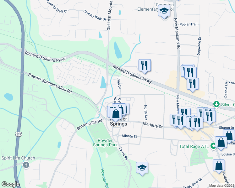 map of restaurants, bars, coffee shops, grocery stores, and more near 4450 Pineview Drive in Powder Springs