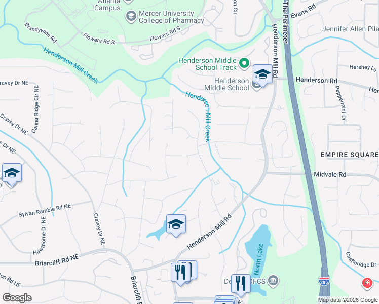 map of restaurants, bars, coffee shops, grocery stores, and more near 3194 Sugarplum Road Northeast in Atlanta