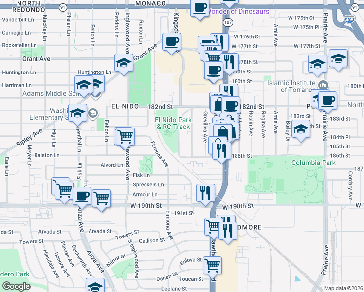 map of restaurants, bars, coffee shops, grocery stores, and more near 18506 Kingsdale Avenue in Redondo Beach