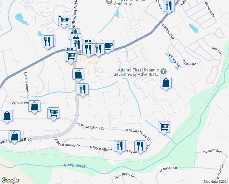 map of restaurants, bars, coffee shops, grocery stores, and more near 2639 Leeshire Court in Tucker