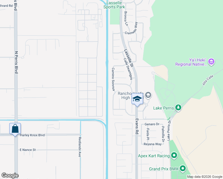 map of restaurants, bars, coffee shops, grocery stores, and more near 17695 Camino Sonrisa in Moreno Valley
