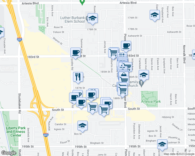 map of restaurants, bars, coffee shops, grocery stores, and more near 11562 186th Street in Artesia