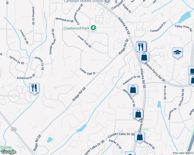 map of restaurants, bars, coffee shops, grocery stores, and more near 3731 Ridge Road Southeast in Smyrna