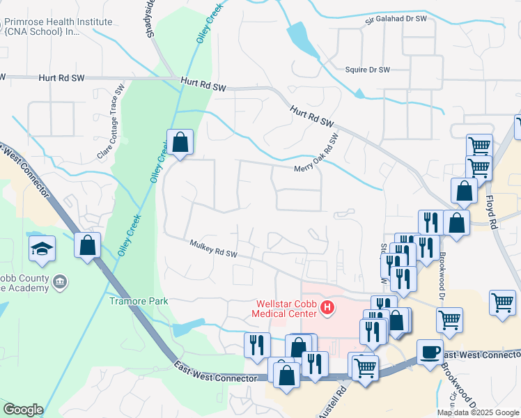 map of restaurants, bars, coffee shops, grocery stores, and more near 1891 Calvary Hill Court Southwest in Marietta
