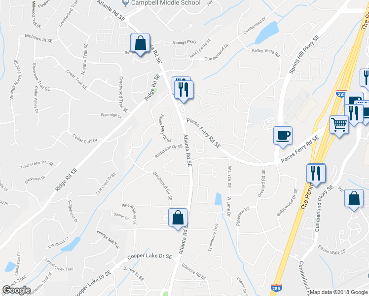 map of restaurants, bars, coffee shops, grocery stores, and more near 2112 Anderson Drive Southeast in Smyrna