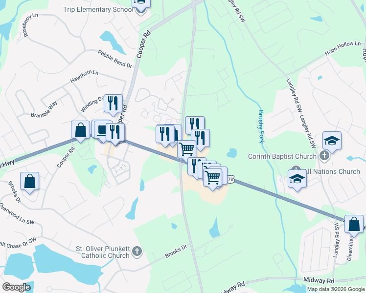 map of restaurants, bars, coffee shops, grocery stores, and more near 2950 Rosebud Road in Loganville