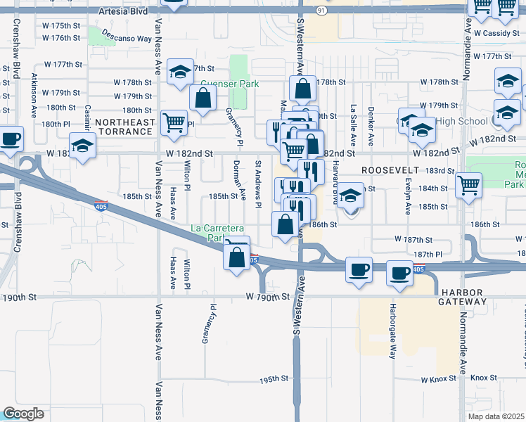 map of restaurants, bars, coffee shops, grocery stores, and more near 18523 Manhattan Place in Torrance