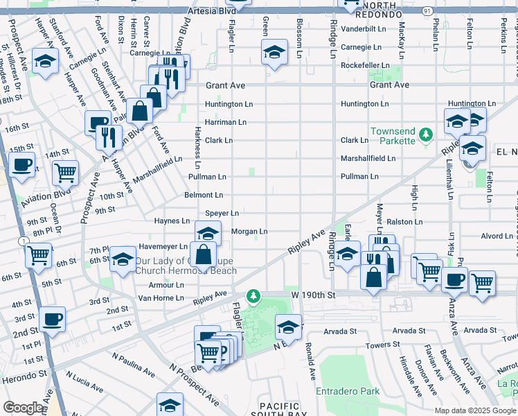 map of restaurants, bars, coffee shops, grocery stores, and more near 1925 Speyer Lane in Redondo Beach