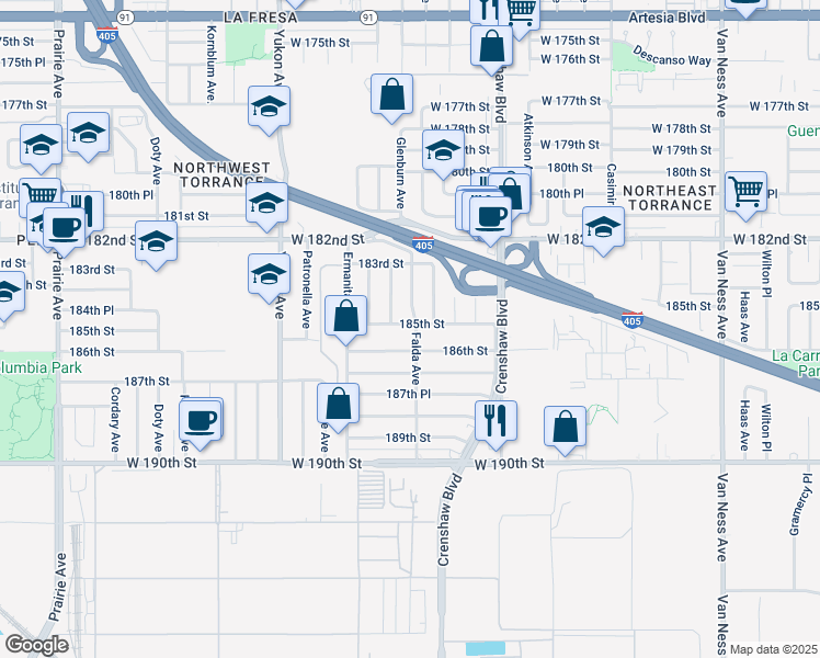 map of restaurants, bars, coffee shops, grocery stores, and more near 18503 Falda Avenue in Torrance