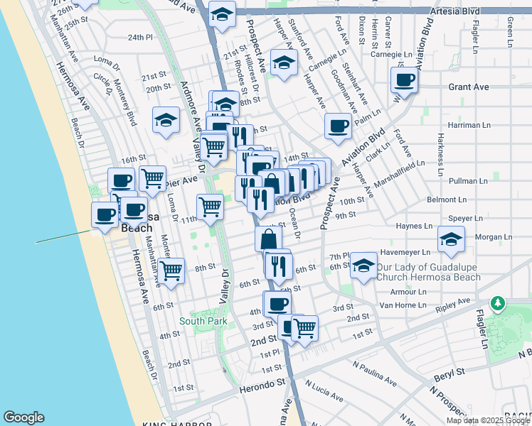 map of restaurants, bars, coffee shops, grocery stores, and more near 1000 Pacific Coast Highway in Hermosa Beach