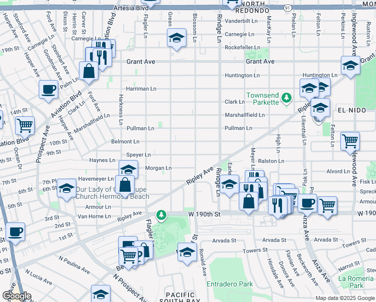 map of restaurants, bars, coffee shops, grocery stores, and more near 2017 Speyer Lane in Redondo Beach