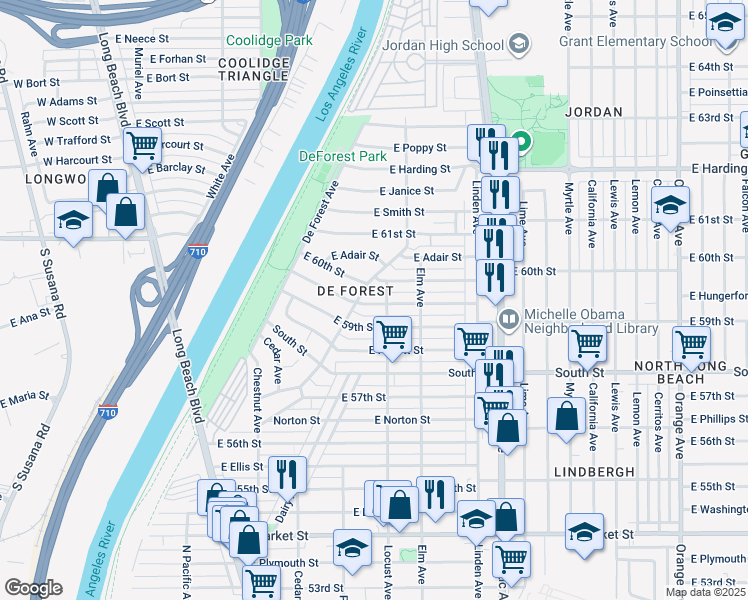 map of restaurants, bars, coffee shops, grocery stores, and more near 251 East Osgood Street in Long Beach