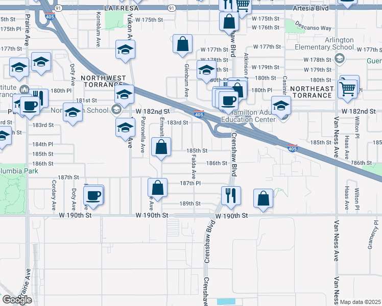 map of restaurants, bars, coffee shops, grocery stores, and more near 18503 Falda Avenue in Torrance