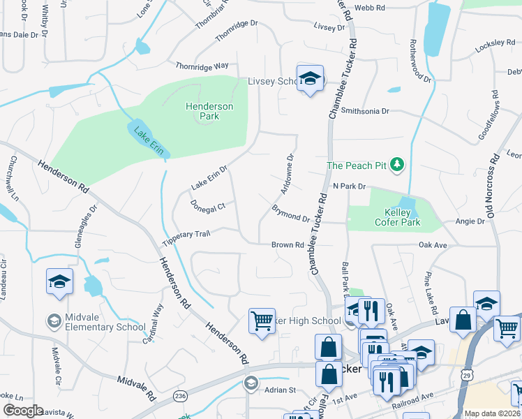 map of restaurants, bars, coffee shops, grocery stores, and more near 2600 Arldowne Drive in Tucker