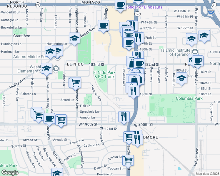 map of restaurants, bars, coffee shops, grocery stores, and more near 18506 Kingsdale Avenue in Redondo Beach