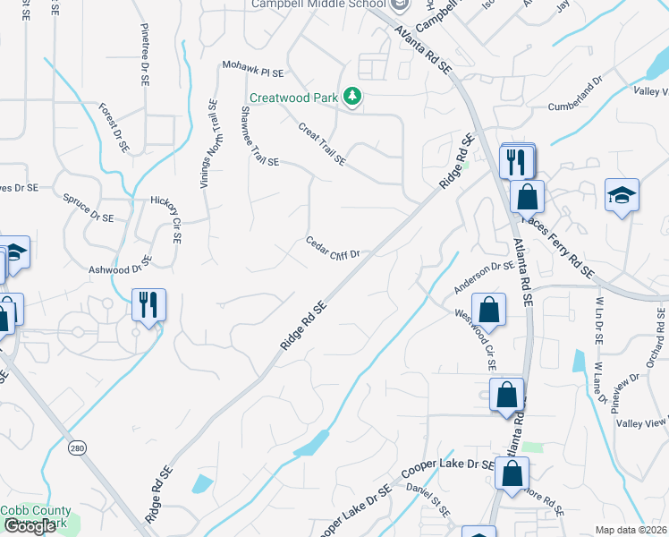 map of restaurants, bars, coffee shops, grocery stores, and more near 1820 Cedar Cliff Drive in Smyrna