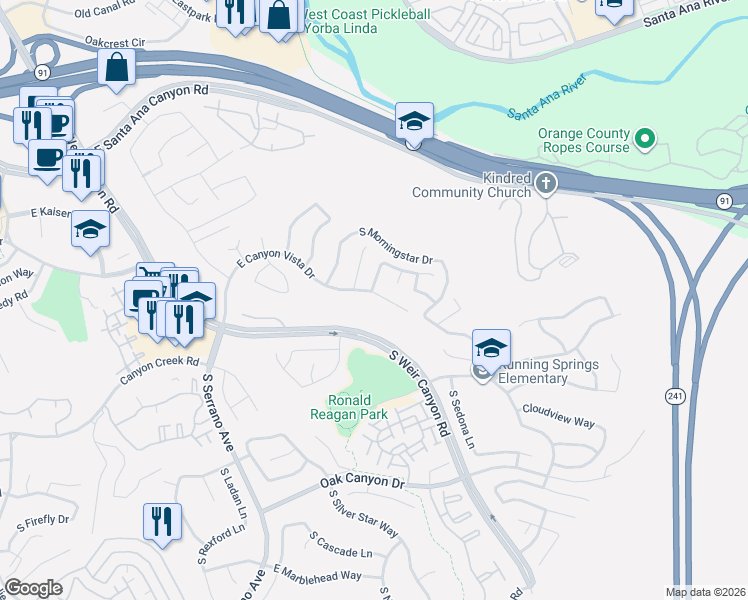 map of restaurants, bars, coffee shops, grocery stores, and more near 8596 East Canyon Vista Drive in Anaheim
