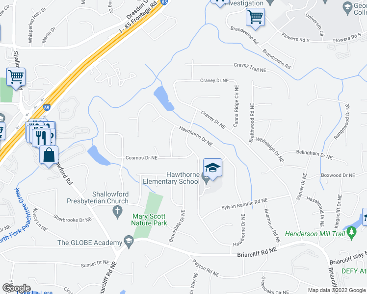 map of restaurants, bars, coffee shops, grocery stores, and more near 2630 Caladium Drive Northeast in Atlanta