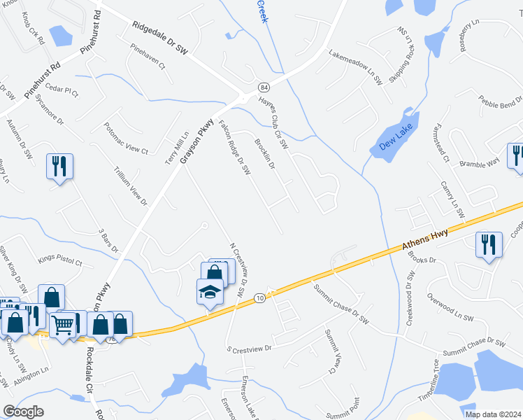 map of restaurants, bars, coffee shops, grocery stores, and more near 2631 Falcon Ridge Drive Southwest in Grayson